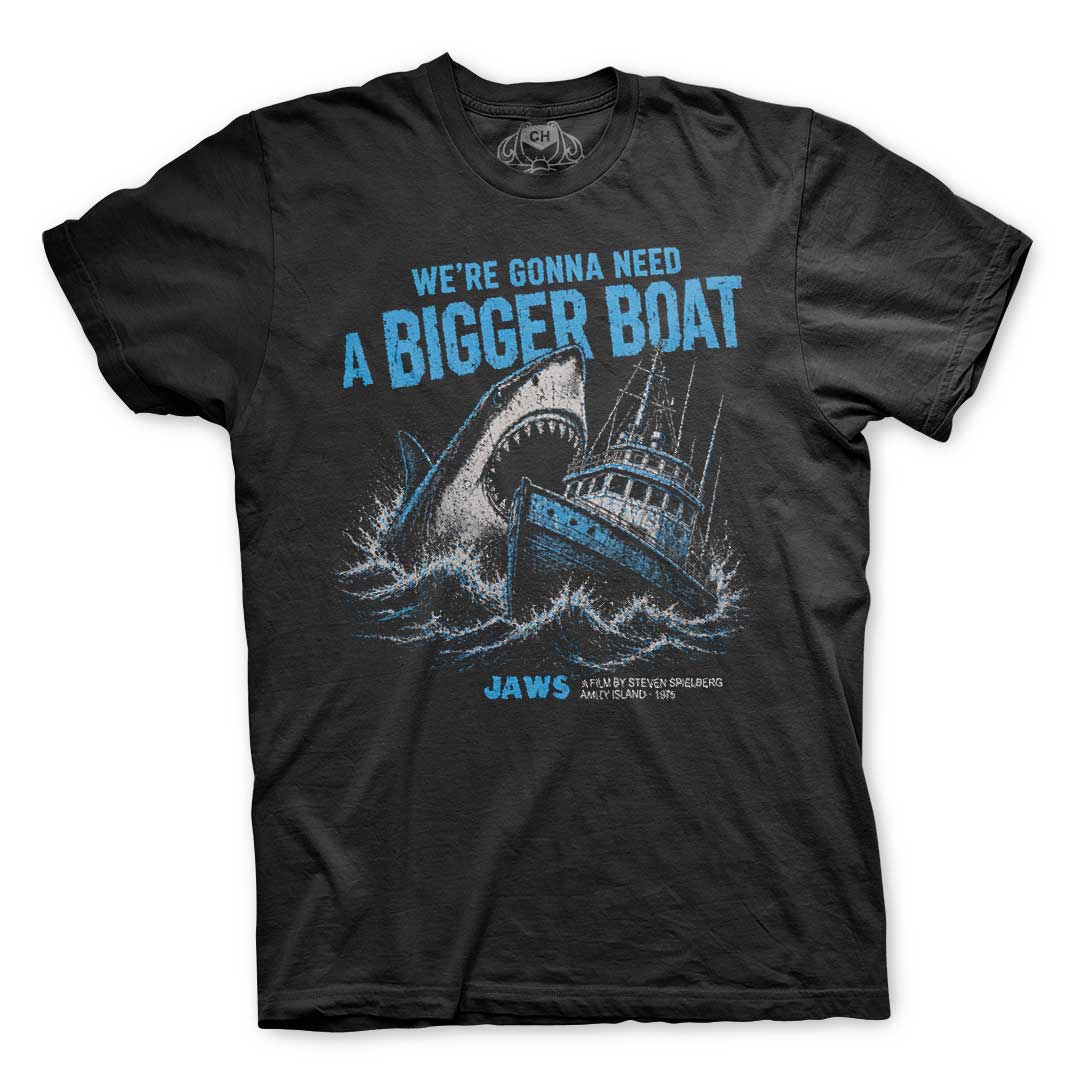 Playera negra de Tiburón (Jaws) con la frase «We're gonna need a bigger boat»