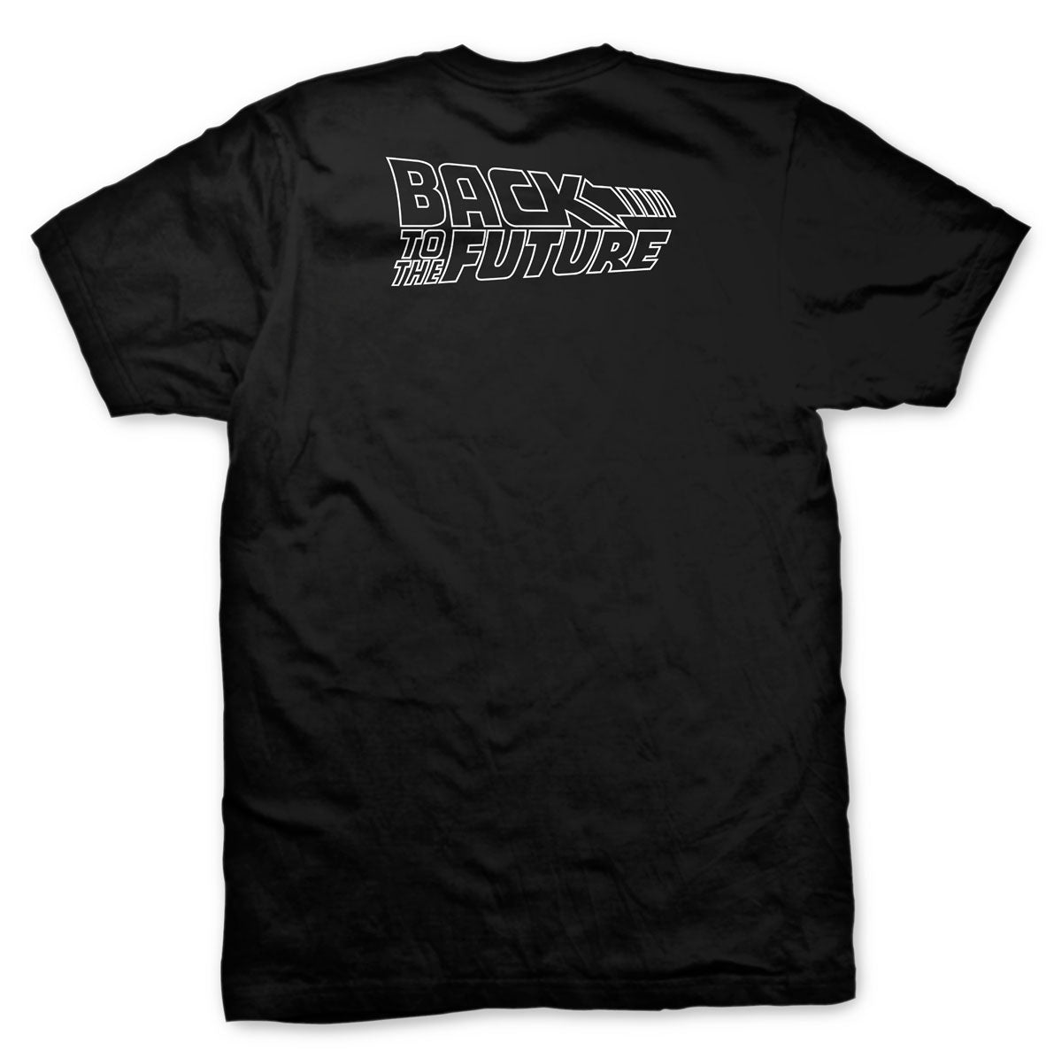 Playera negra del DeLorean de Volver al futuro, vista de espalda