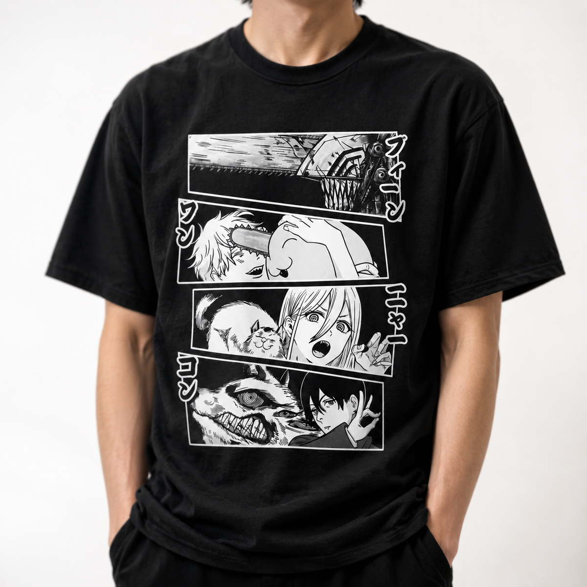 Playera negra de Chainsaw Man con Denji, Makima y Power en escala de grises