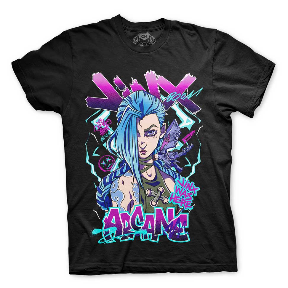 Playera negra de Jinx de Arcane y League of Legends