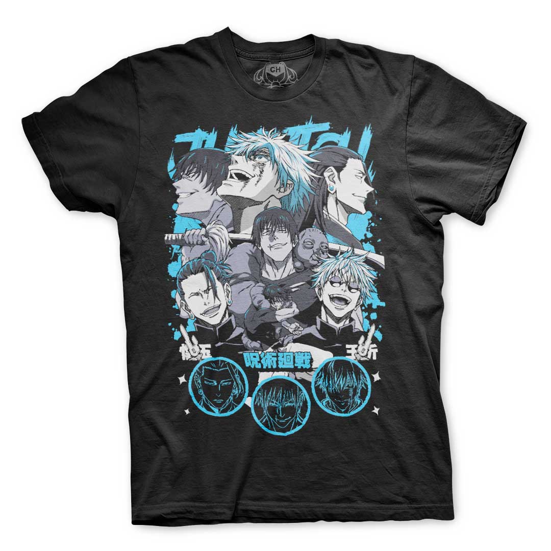 Playera negra con los hechiceros de Jujutsu Kaisen