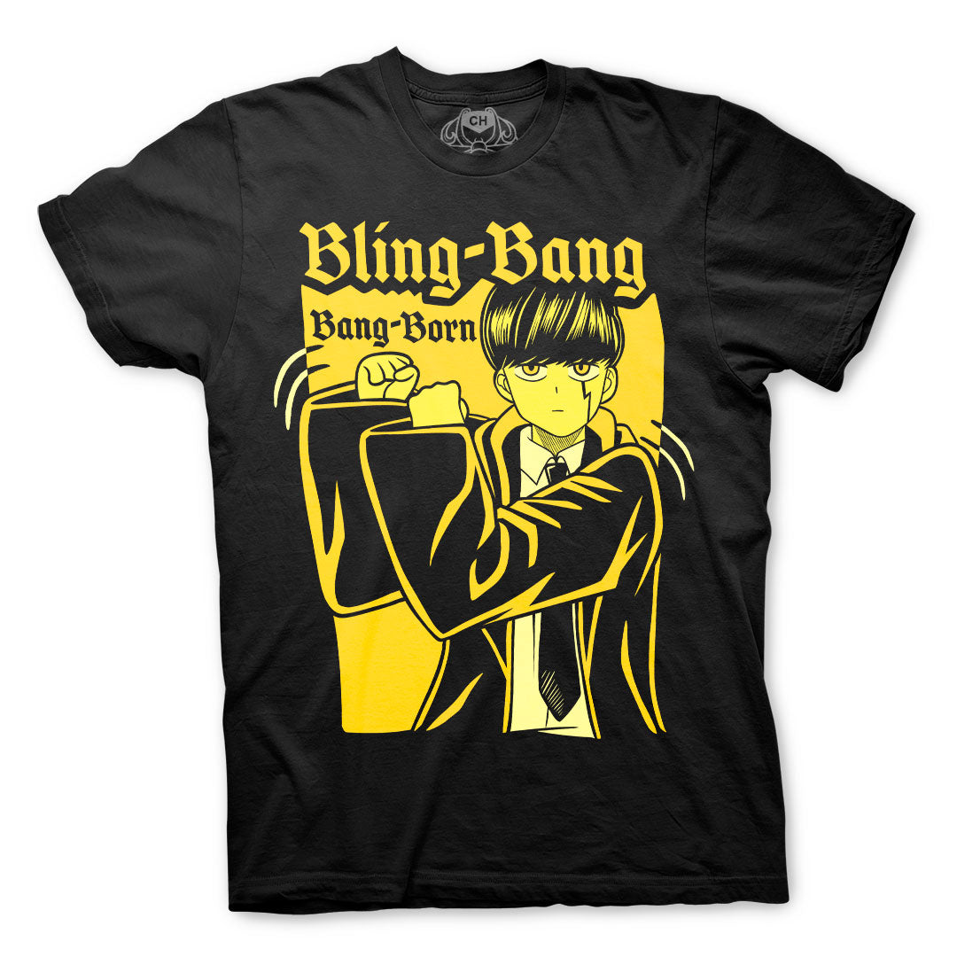 Playera negra de Mashle con Mash y el Bling Bang Bang