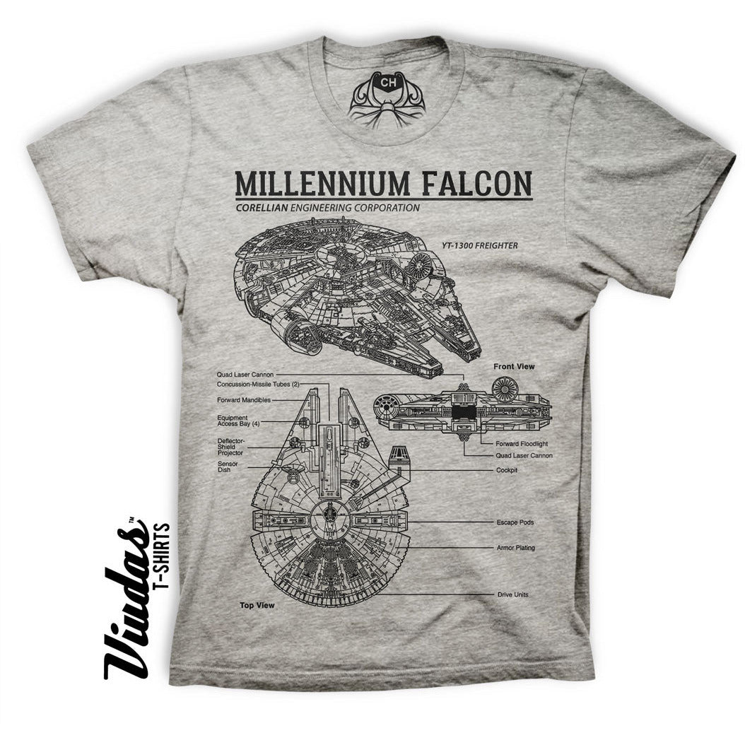 Playera gris jaspe con la silueta del Millennium Falcon de Star Wars