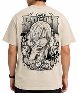 Playera color arena de Sanji de One Piece, puesta, vista de espalda