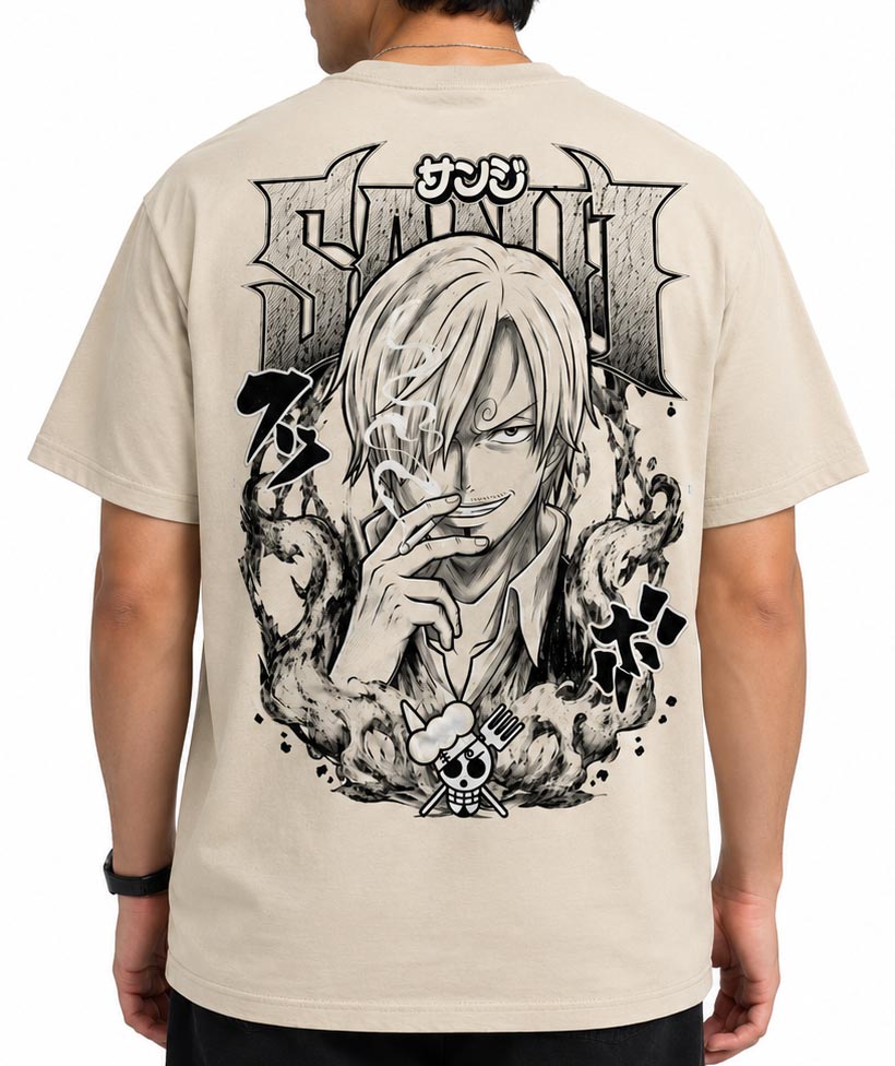Playera color arena de Sanji de One Piece, puesta, vista de espalda