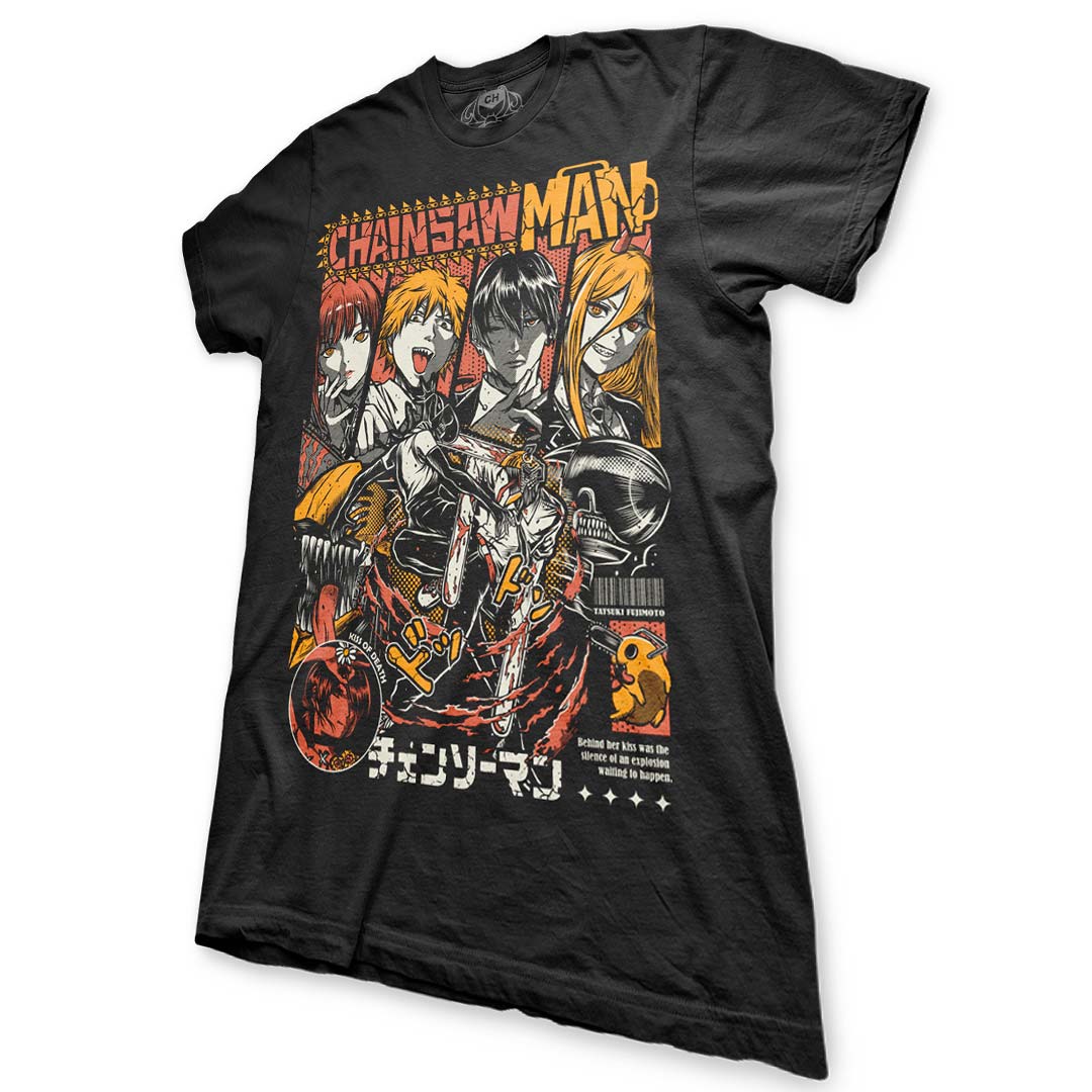 Playera negra de Chainsaw Man: Reze Arc con Makima, Denji, Aki y Power