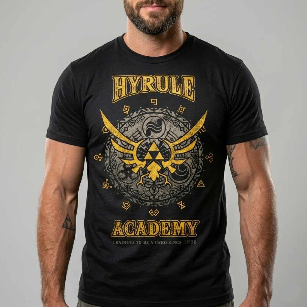Playera negra con el emblema de Hyrule de The Legend of Zelda, puesta