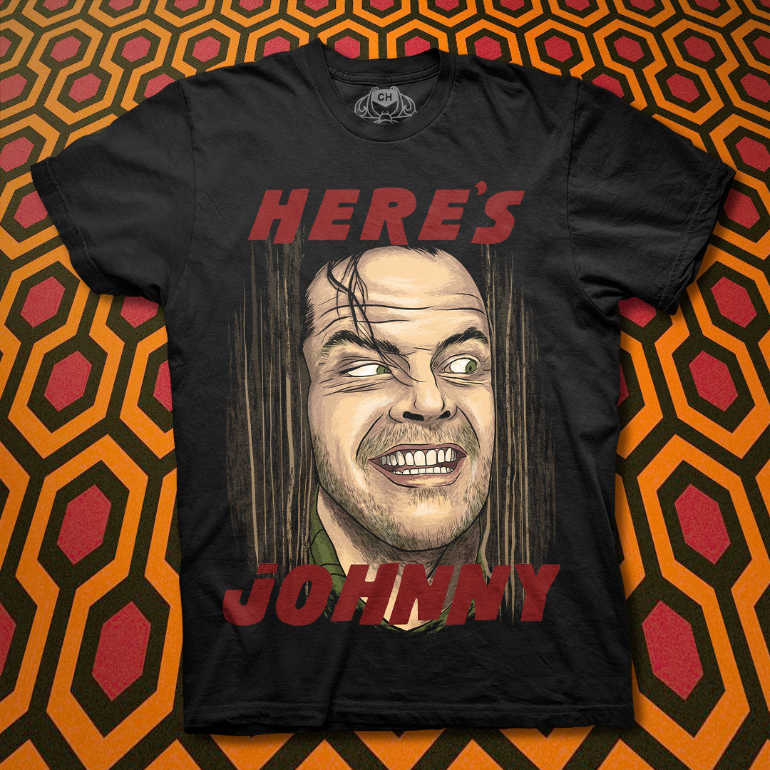 Playera negra de El resplandor con el «Here's Johnny»