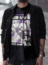 Playera negra de Jiji y el Evil Eye de Dandadan, puesta