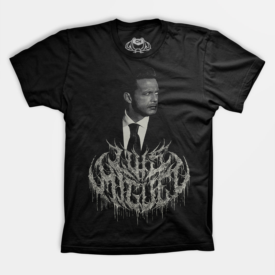 Playera negra de Luis Miguel al estilo heavy metal