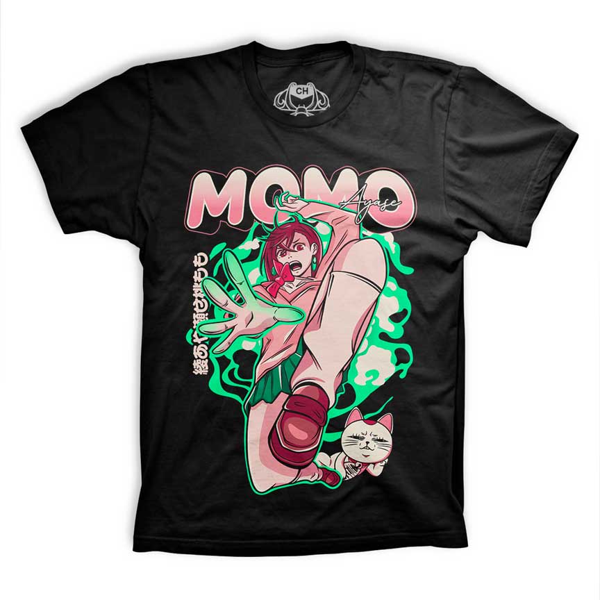 Playera negra de Momo de Dandadan, vista de frente