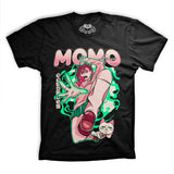 Playera negra de Momo de Dandadan, vista de frente