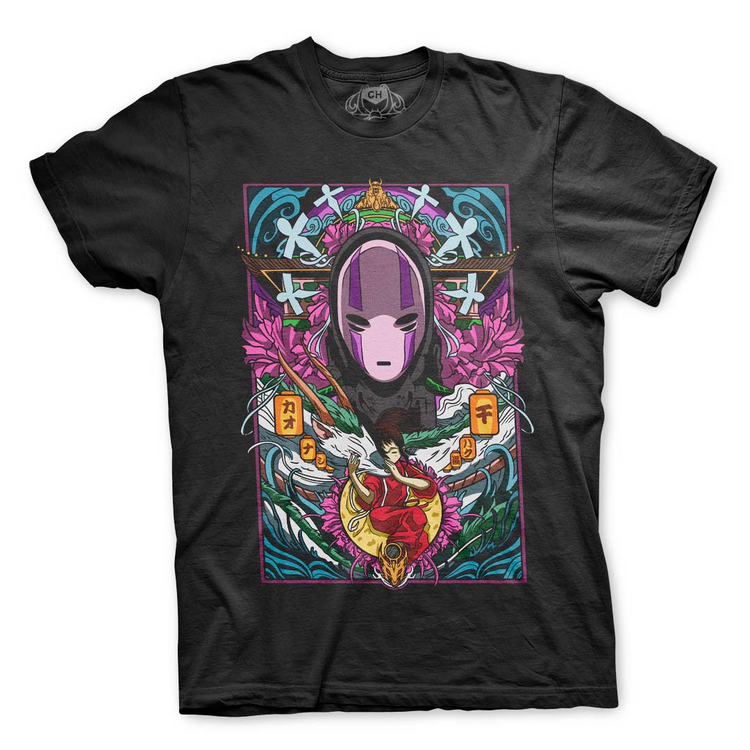 Playera negra de El viaje de Chihiro de Studio Ghibli, vista de frente