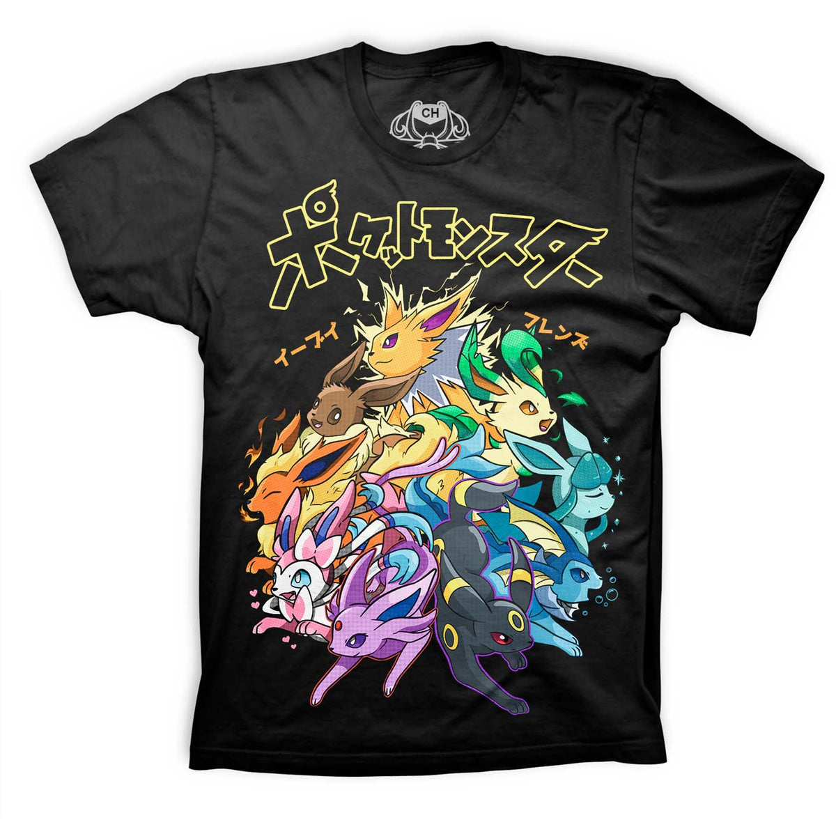 Playera negra de Eevee y sus evoluciones de Pokémon