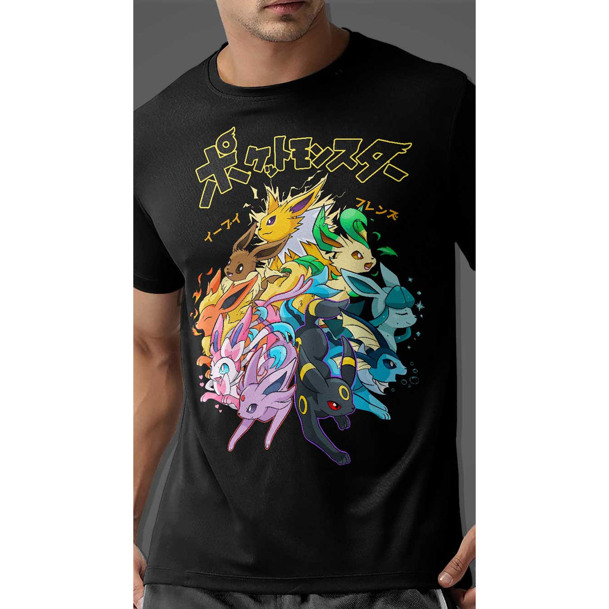 Playera negra de Eevee y sus evoluciones de Pokémon